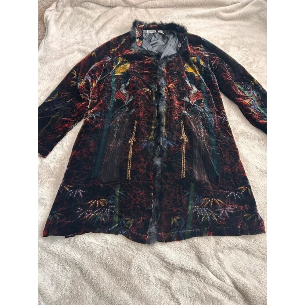 Chico’s Design Silk-Blend Velvet Faux Fur Trim Coat